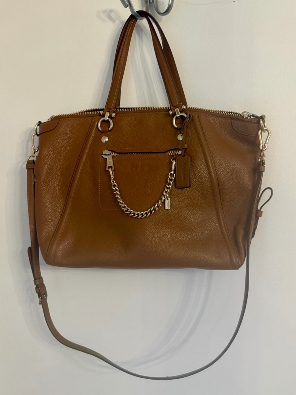 Coach Large Prairie Convertible Satchel in Saddle Pebbled Leather Chain Charm